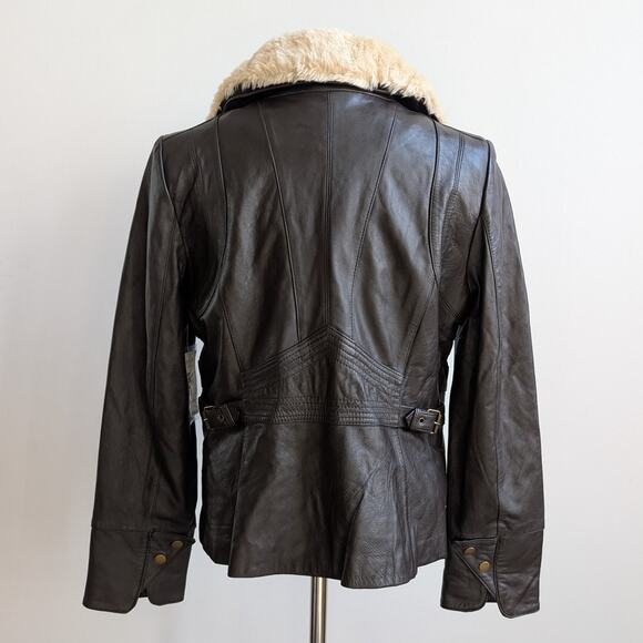 Vintage Brown Leather Jacket Faux Fur Lambskin Moto Chic Biker Bomber Coat Large - Picture 4 of 13
